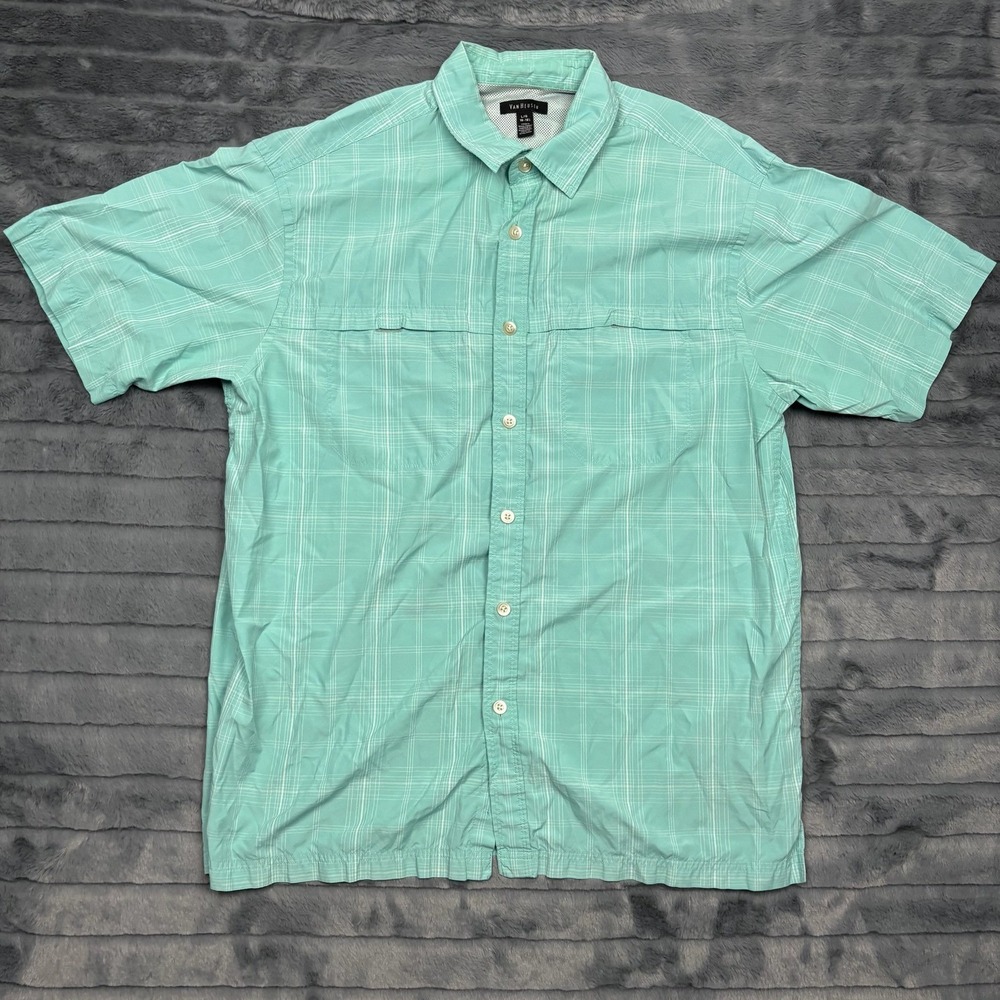 Van Heusen Mens Large Mint Green Plaid Short Sleeve Fishing Button Down Shirt